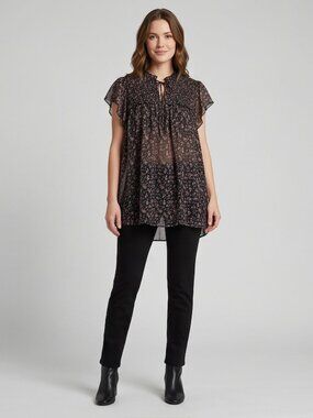 Haver London Black Ditsy Floral Smocked Blouse | Sheer Flutter Sleeve Top
